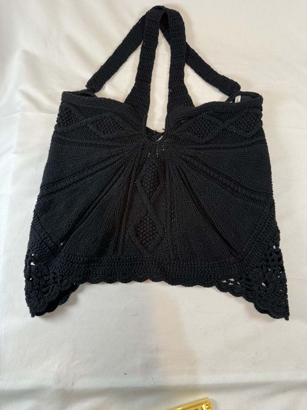 Smitten Womens Crochet Halter Top Size XS Black Open Knit Backless Crop Boho Fes